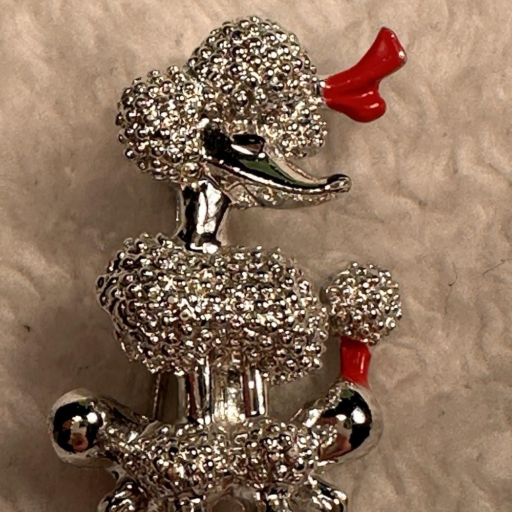 French Poodle Dog Pin Brooch Silver-tone Red Bow Vintage - Picture 2 of 6